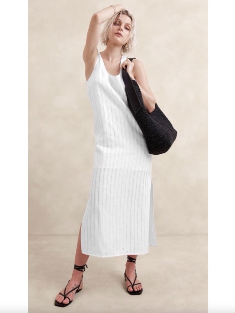BANANA REPUBLIC White Tonal Stripe Linen/Cotton Blend Sleeveless Maxi Dress - L
